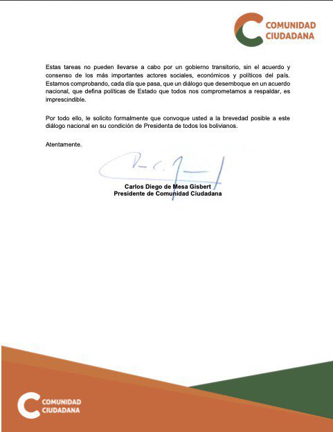 carlosdmesag's tweet photo. Presidenta @JeanineAnez, le solicito formalmente que convoque usted a la brevedad posible a un diálogo que desemboque en un acuerdo nacional, para enfrentar la crisis generada por el COVID19, y donde se definan políticas de Estado que todos nos comprometamos a respaldar. https://t.co/DBx3XMKAye