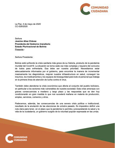 carlosdmesag's tweet photo. Presidenta @JeanineAnez, le solicito formalmente que convoque usted a la brevedad posible a un diálogo que desemboque en un acuerdo nacional, para enfrentar la crisis generada por el COVID19, y donde se definan políticas de Estado que todos nos comprometamos a respaldar. https://t.co/DBx3XMKAye