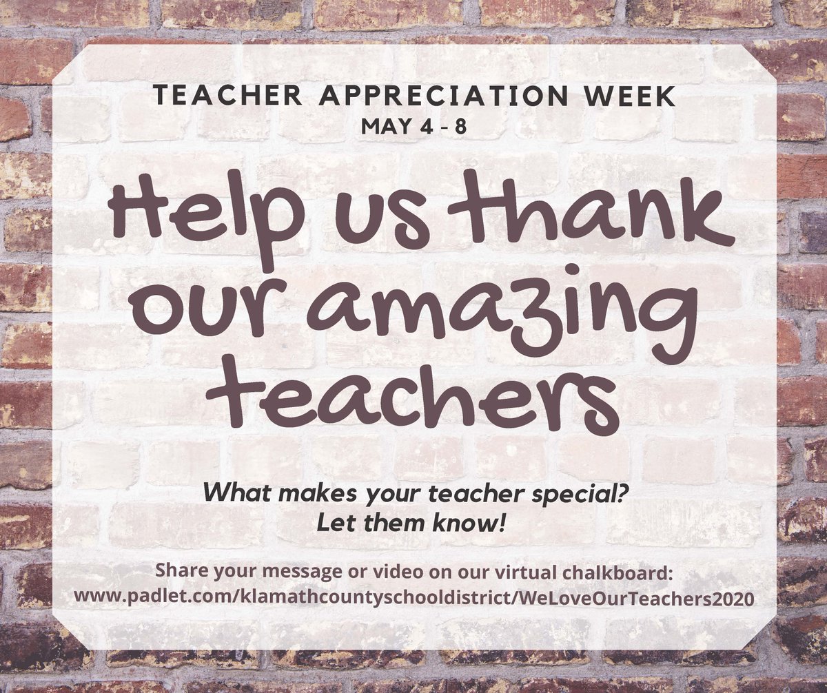 KlamathCountySD's tweet photo. We love our teachers, and we know you do too! It is Teacher Appreciation Week. Let the teachers in your life know how much you appreciate them by recording a video, sharing a photo, or writing a note and posting it on our online chalkboard: https://t.co/GGe6m4DvI1 #ProudtobeKCSD https://t.co/EPGqU56bGd