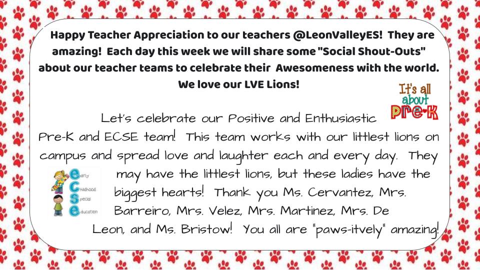 Husky_Principal's tweet photo. Happy Teacher Appreciation to our teachers @LeonValleyES! They are amazing! Each day this week we will share some "Social Shout-Outs" about our teacher teams to celebrate their Awesomeness with the world. #LVEBeLegendary #TeacherAppreciationWeek2020 @NISDLeonValley https://t.co/ZA94QDcnk2