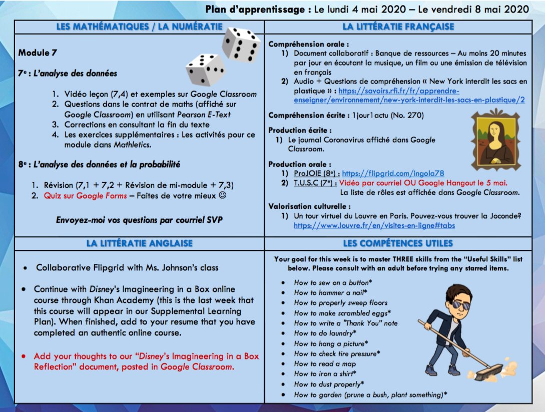 MonsieurIngola's tweet photo. Le plan d'apprentissage supplémentaire pour la semaine du 4-8 mai // Supplemental Learning Plan for the week of May 4th-8th 📘💻📱👍😃 #SupplementalLearning #learningfromhome #LearningNeverStops #teachertwitter @Connaughtcomets https://t.co/DRbnFuqkQ3
