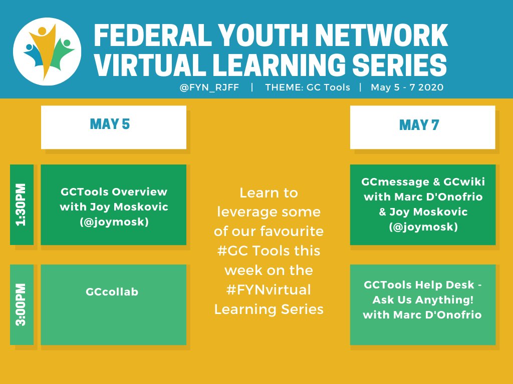 Don't forget to register for #FYNvirtual sessions! This week:

MAY 5 👇
1:30 PM GCTools Overview
3:00 PM GCcollab 

MAY 7 👇
1:30 PM GCmessage &amp; GCwiki
3:00 PM GCTools Help Desk Ask Us Anything

🔗forms.gle/yYyUA4V5aW2XvH…