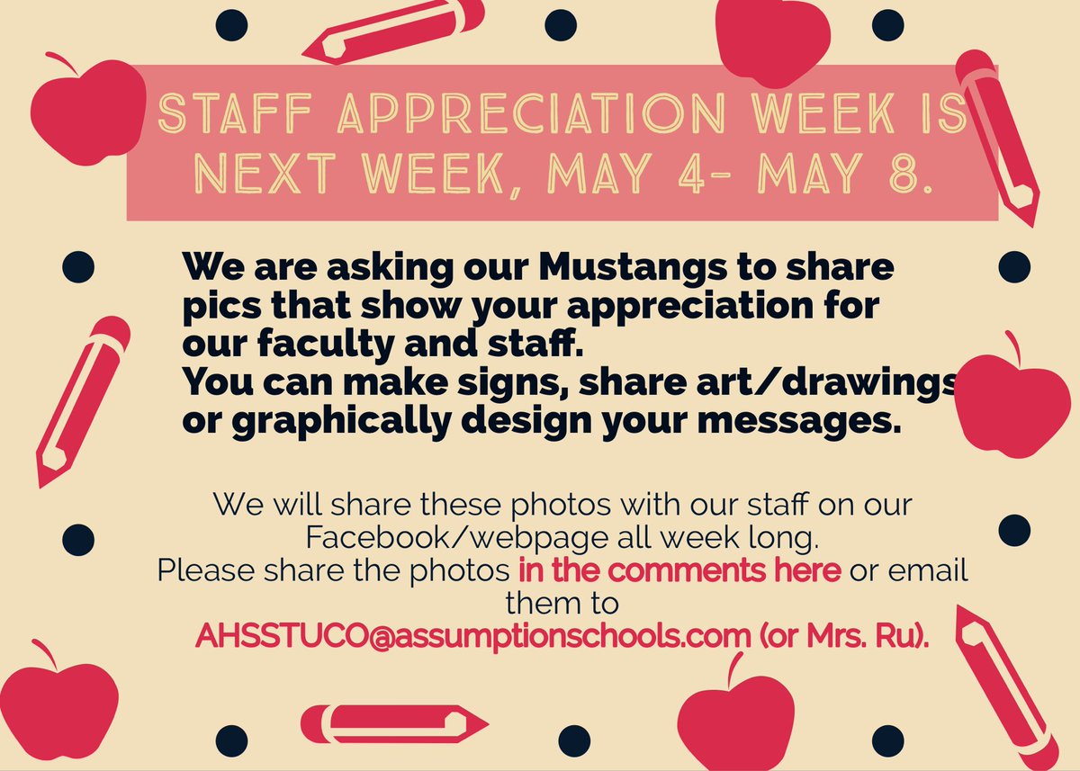 ahsspride's tweet photo. Happy Senior Week! Today is Kindergarten Day Dress up in your elementary uniform, colors, or spirit shirt. Post a picture using the hashtag: #AHS2020SENIORWEEK 

It’s also Teacher Appreciation Week. Don’t forget to share your pics to ahsstuco@assumptionschools.com https://t.co/X7Jv7ZEyqU