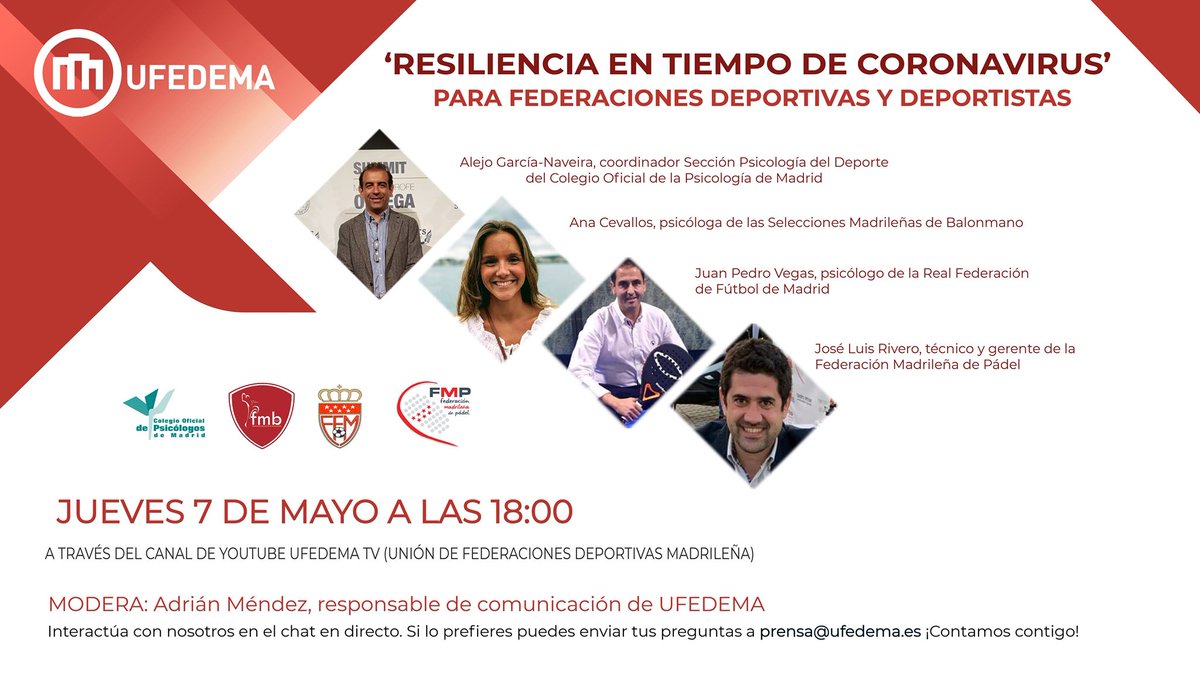 Diálogos sobre la ‘Resiliencia en tiempos de coronavirus’ en #UFEDEMATV 📺 

📌No te lo pierdas este jueves 7 de mayo a las 18:00⌚️

🗣️ <a href="/Alejo_GNaveira/">Alejo Garcia-Naveira</a> (<a href="/CopMadrid/">Colegio Oficial de la Psicología de Madrid</a>), <a href="/jpvr73/">Juan P. Vegas_ Psicologo Deportivo</a> (<a href="/RFFM_oficial/">RFFM</a>), Ana Cevallos (<a href="/fedmadridbm/">Fed. Madrileña BM.</a>) y José Luis Rivero (<a href="/FMP_Padel/">FMP Federación Madrileña de Pádel</a>)

💻➡️ufedema.es/2020/05/04/dia…