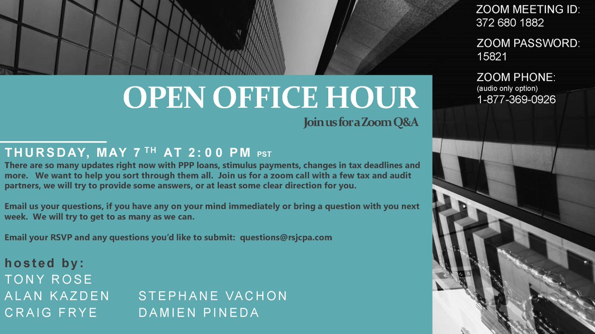 tarcpa's tweet photo. Reminder: Join us for a Q&amp;A about PPP loans during our open office hours on Thursday at 2 p.m. PST. https://t.co/ty3dX5OJT9