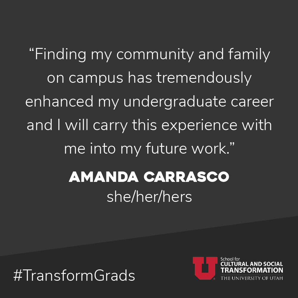 uofutransform's tweet photo. Commencement has passed, but we can't help it! Please join us in congratulating Amanda Carrasco 🎓We're so honored to have been a part of her U Community! More Transform festivities at https://t.co/hhrwiwgKKW #TransformGrads #UtahGrad20 @UofUCSBS @UofUsociology https://t.co/YQH0R5Ph6M