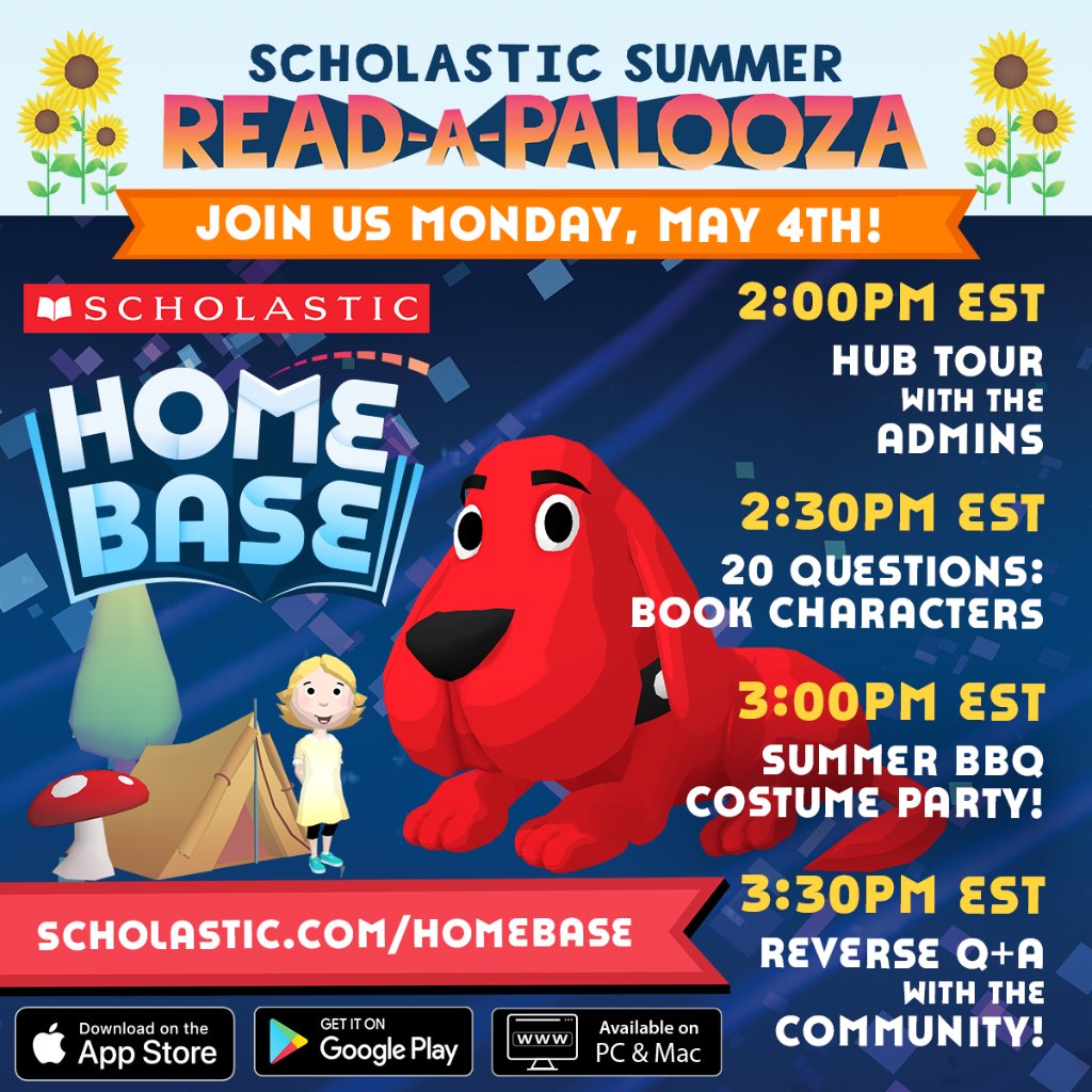 Scholastic's tweet photo. 🎉 Today! Tune in at 2:00pm EST for a #HomeBaseBookFest to celebrate the start of Scholastic Summer #ReadAPalooza! Join our admins for an afternoon of fun activities. Head to https://t.co/hD2fR59NwK for more details on the event. https://t.co/tzMTL4ERtI