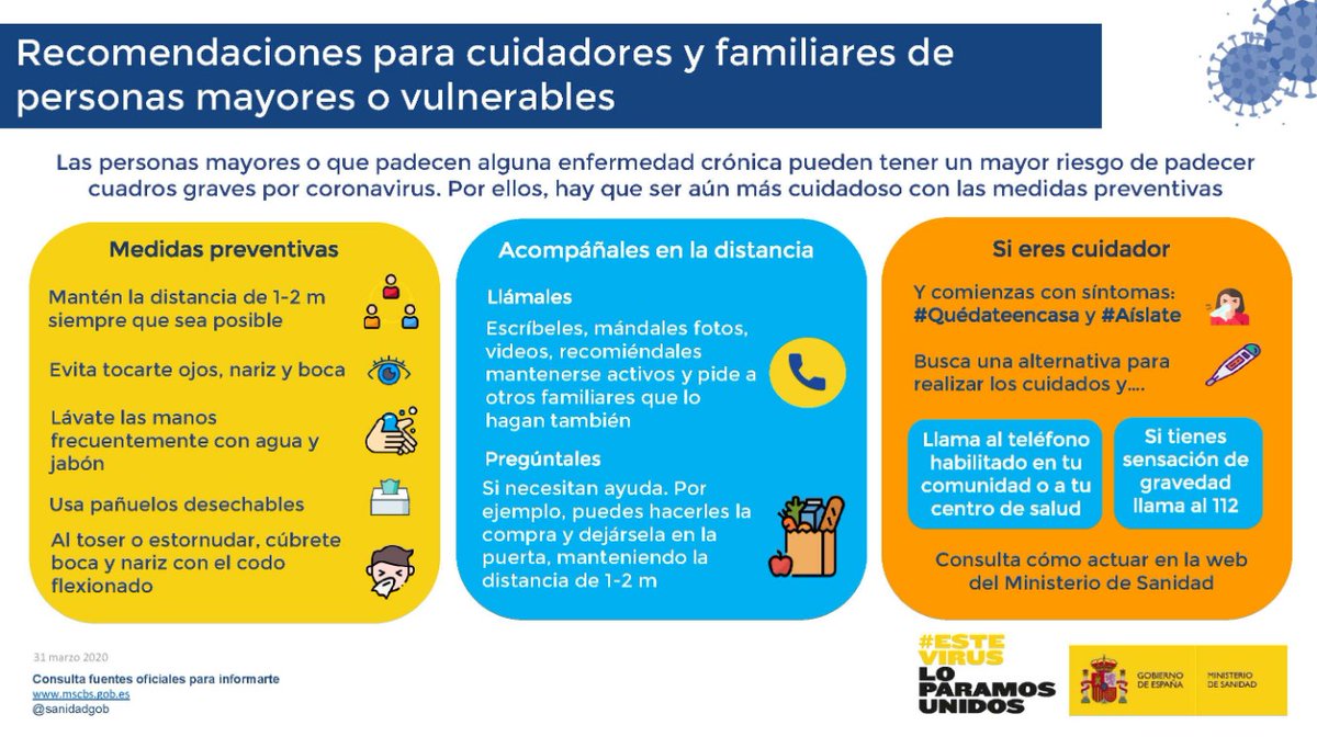 📢Recomanacions per a cuidadors i familiars de persones majors 👴👵o vulnerables durant la pandèmia #coronavirus 👽via <a href="/sanidadgob/">Ministerio de Sanidad</a>