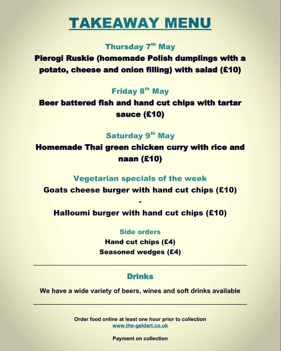 This week's takeaway menu is a good one! Order on our website - link in bio. Drinks available from the takeaway window during opening hours- no pre-order necessary #takeawaymenu #pierogi #fishandchips #thaigreencurry #homemadefood #takeawaypub #takeawaybeer #camra #realale