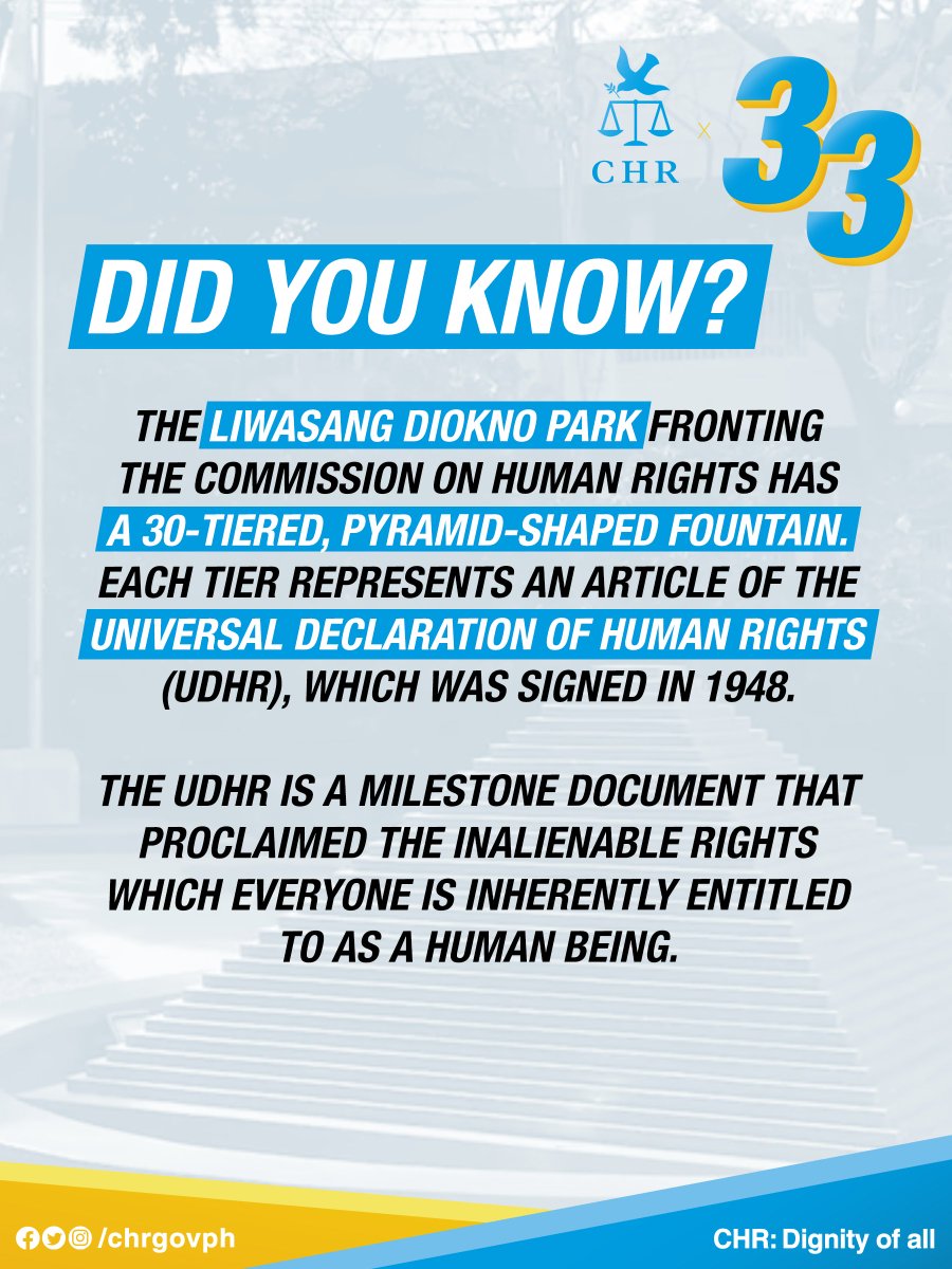 chrgovph's tweet photo. The Liwasang Diokno Park fronting the Commission on Human Rights has a 30-tiered, pyramid-shaped fountain. Each tier represents an article of the Universal Declaration of Human Rights (UDHR), which was signed in 1948. https://t.co/SwSePh8vCY