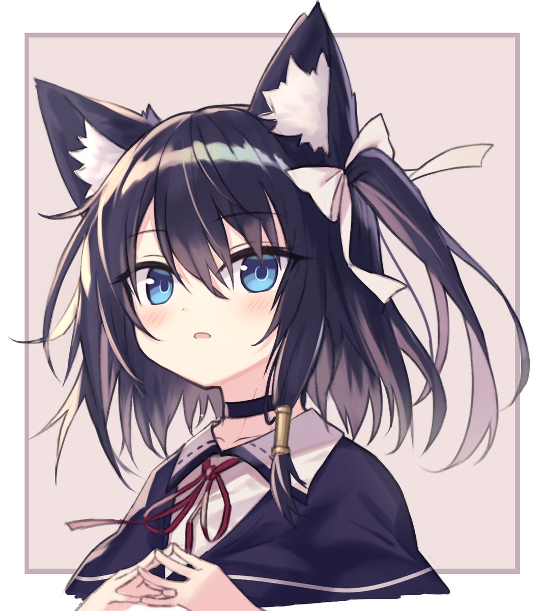 1girl animal ears blue eyes cat ears animal ear fluff black hair solo  illustration images