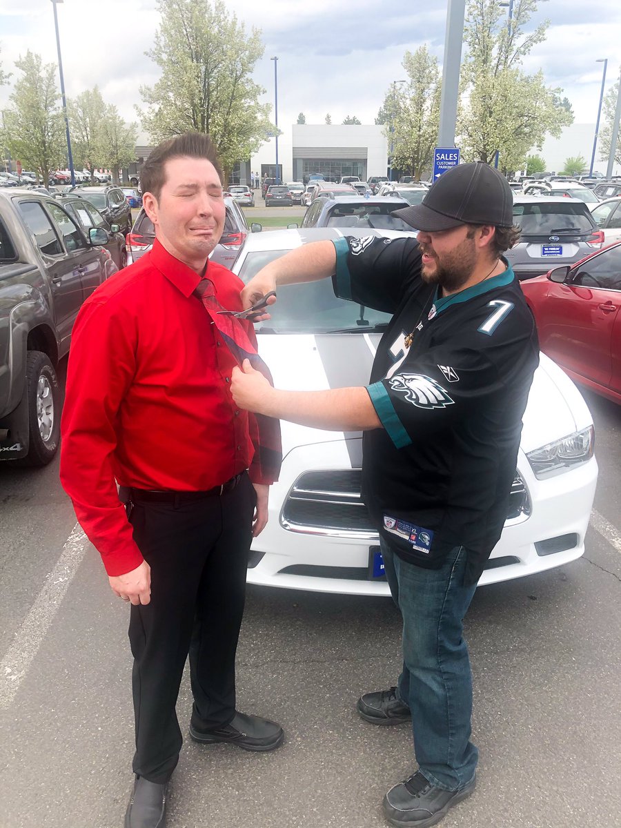 parker_subaru's tweet photo. We have a fun little tradition at Parker Subaru... new Salesmen have their tie cut once they sell their first car with us! Congrats to Dustin, who just helped his first customer over the weekend ✂️ https://t.co/D3SdlMrBFO