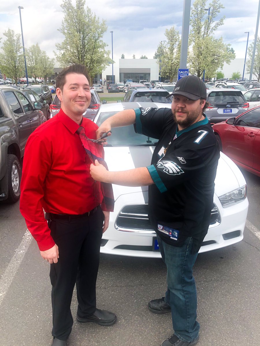 parker_subaru's tweet photo. We have a fun little tradition at Parker Subaru... new Salesmen have their tie cut once they sell their first car with us! Congrats to Dustin, who just helped his first customer over the weekend ✂️ https://t.co/D3SdlMrBFO