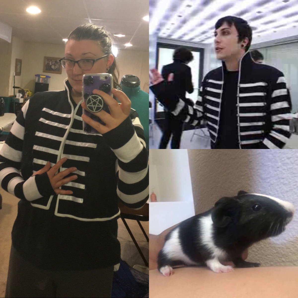 KellyCurses's tweet image. Who wore it better? Me, @FrankIero , or a baby guinea pig? 
🖤🤍🥕
#stripes #colleenatwood #blackparade