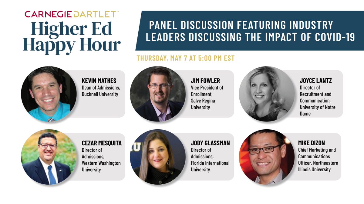 Join us and our powerhouse group of panelists for another discussion on the impact of COVID-19 on #highered this Thursday at 5pm ET!

<a href="/SalveAdmitGuy/">Jim Fowler</a>
<a href="/joycelantz/">Joyce L. Lantz, M.S. Ed</a>
<a href="/cezarmesquita/">Cezar Mesquita</a>
<a href="/michaelmdizon/">Michael Dizon</a>
<a href="/je_glassman/">JE Glassman</a> 
Kevin Mathes, <a href="/BucknellU/">Bucknell University</a> 

Register: bit.ly/2UawVFt