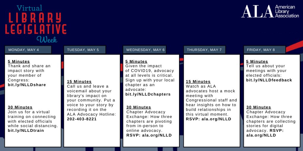 ala_united's tweet photo. Tune in to ALA today - 5/8 for FREE #NLLD daily sessions & advocacy actions.
Monday: Share an impact story with your member of Congress: https://t.co/PXpEXlDd1L. Then, join ALA @ 4pm EST for virtual training with the Congressional Management Foundation: https://t.co/IUyhsFHbtr https://t.co/bvHZiP2lHx