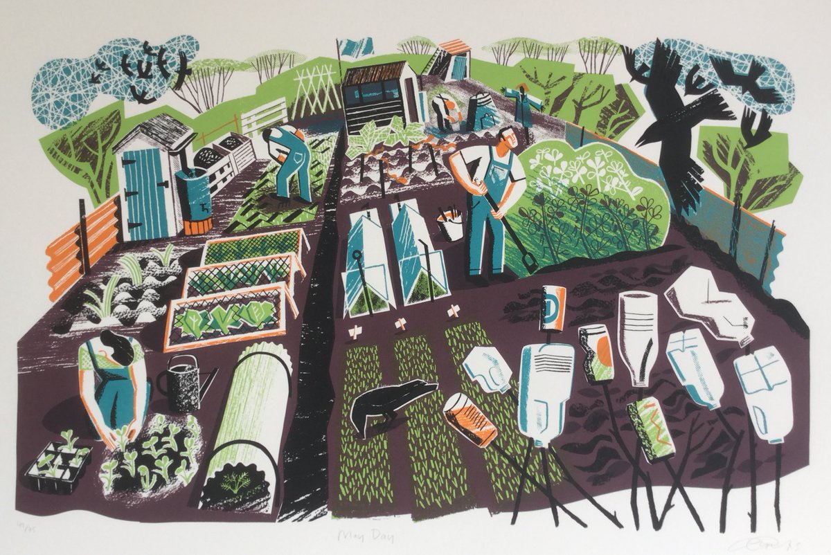 Today should have been May Day bank holiday. May Day was traditionally the day to welcome spring but also a holiday for ordinary workers. In my screenprint my workers are on the allotment but keeping their social distance! 😂Now available from my website clarecurtis.co.uk/product/may-da…