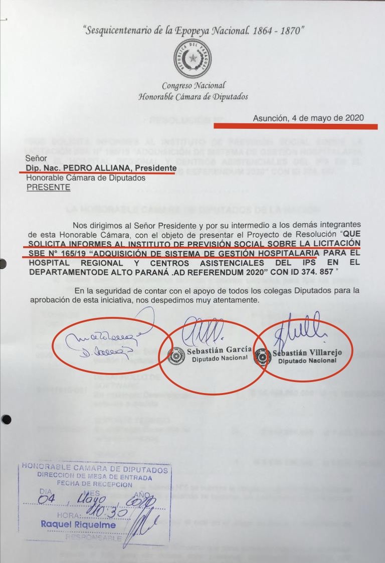 Nuevo escándalo de CORRUPCIÓN en <a href="/IPSParaguay/">IPS Paraguay</a> 

Los <a href="/DiputadosPy/">Cámara de Diputados</a> <a href="/sebavillarejo/">Seba Villarejo</a> <a href="/sebagar8/">Seba Garcia</a> y <a href="/RocioVallejoA/">Rocio Vallejo</a> presentan nota al dip <a href="/AllianaPedro/">Pedro Alliana</a> para solicitar informes al IPS, sobre la adquisición del SOFTWARE DE ORO

Gs.40.000.000.000 !!!!!😱
