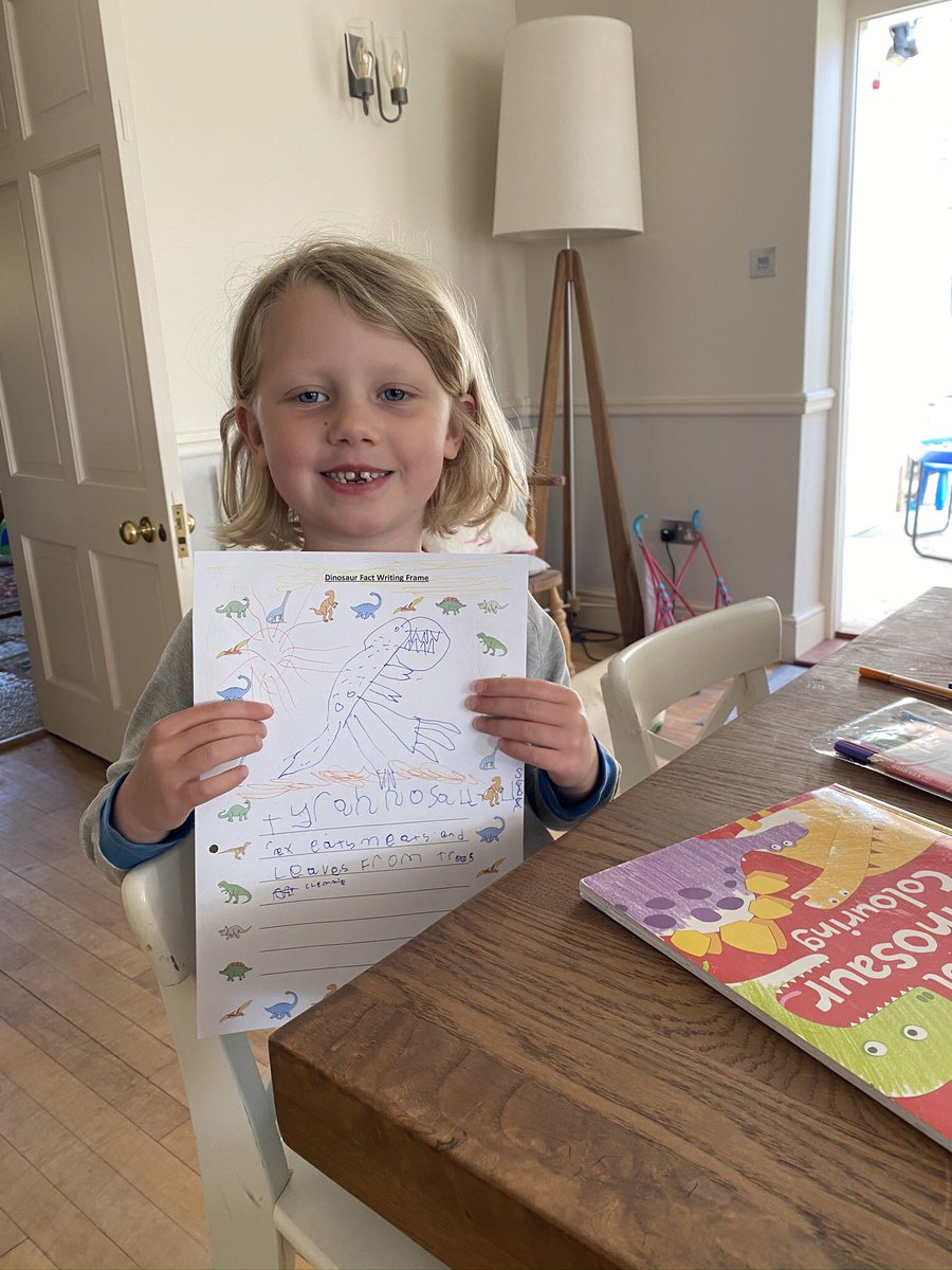Carolineclark_7's tweet photo. @HZG_PrePrep learning lots about dinosaurs for the new topic! Clemmie drew a T-Rex that eats meat and leaves 🦖 #hazlegrovefamily #reception #dinosaurs https://t.co/tY7K7ghqUN