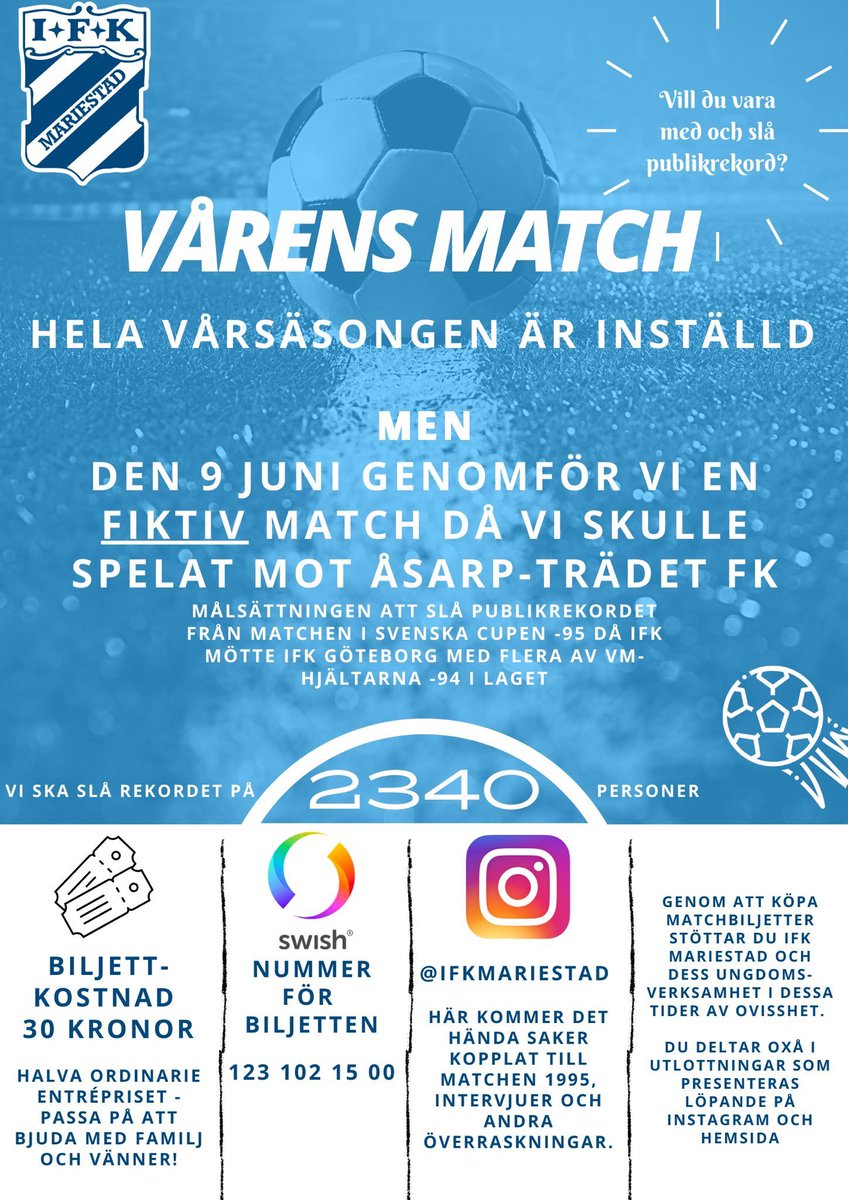 joohannees's tweet photo. Gör som mig och många andra. Stöd IFK Mariestad i vår fiktiva match som spelas den 9 Juni på natursköna Lekevi. Nu slår vi publikrekord!! https://t.co/Mfb1NQJOqd