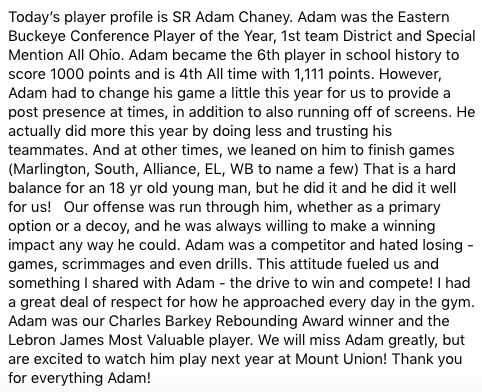 CarrolltonBBall's tweet photo. Today’s player profile is SR Adam Chaney. Adam was the Eastern Buckeye Conference Player of the Year, 1st team District and Special Mention All Ohio. We will miss Adam greatly, but are excited to watch him play next year at Mount Union! Thank you for everything @Adam_Chaney3 https://t.co/WuddfJuCQX