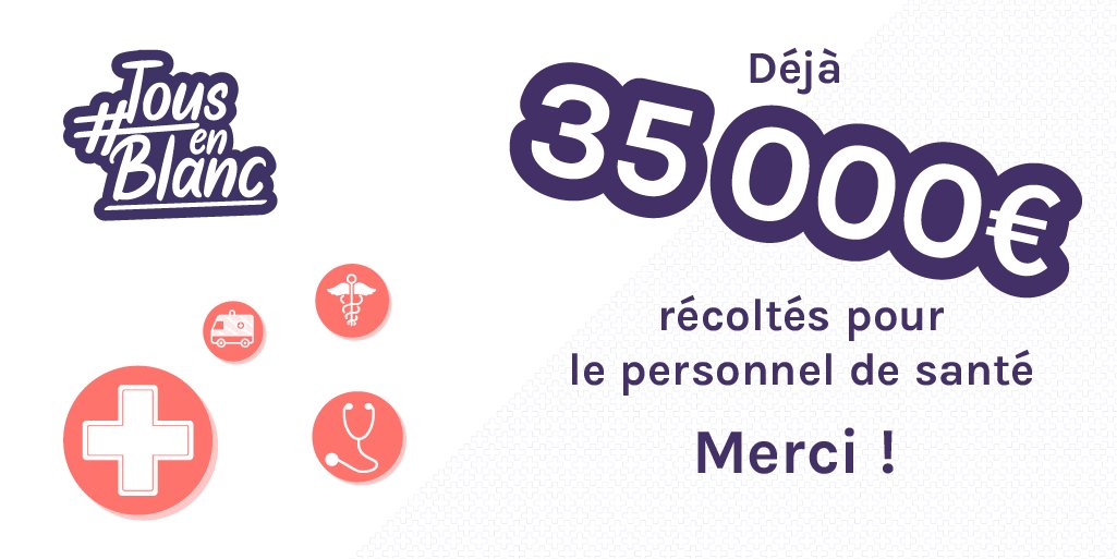 Nous avons atteint les 35 000 € pour la <a href="/Fondationfrance/">Fondation de France</a> !

Encore une fois, un grand merci à tous.tes pour votre implication et votre solidarité 👏👏👏
Continuons à nous mobiliser pour notre personnel de santé :
💌 tousenblanc.org/don/

#TousenBlanc #TousUnisContreLeVirus