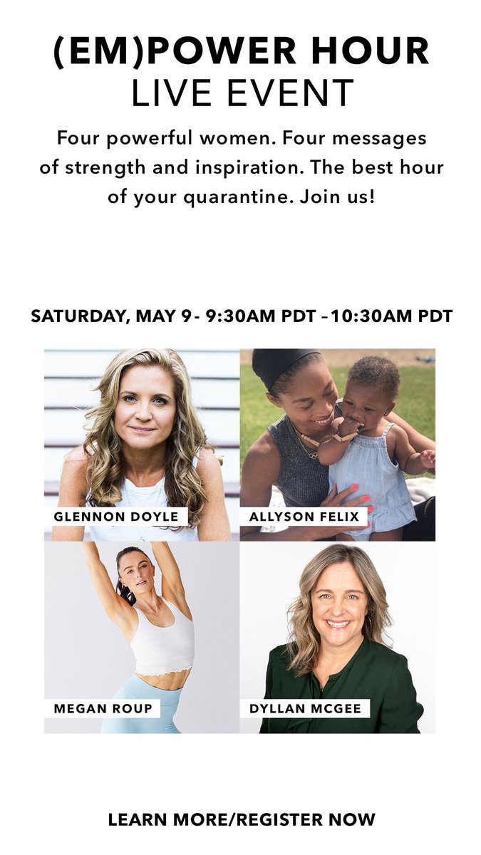 Athleta's tweet photo. Countdown: 5 DAYS! 🤍On 5/9, join us for (EM)POWER HOUR, where four incredible women will lead us through an experience bringing to life the power of hope, movement, connection, and intention. Learn more &amp; RSVP: https://t.co/w1Pn4x1dap #PowerOfShe https://t.co/uLkAf9OhjA
