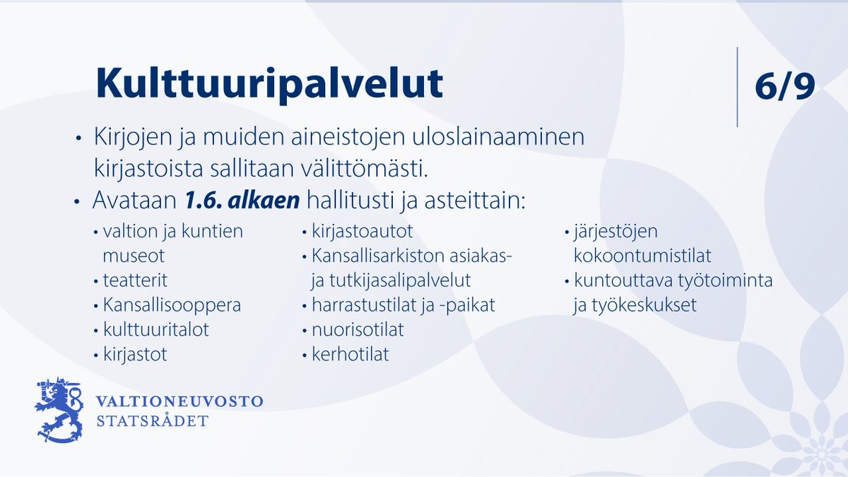 valtioneuvosto's tweet photo. Kirjojen ja muiden aineistojen uloslainaaminen kirjastoista sallitaan välittömästi.

Julkisia sisätiloja avataan 1.6. alkaen hallitusti ja asteittain. https://t.co/S7T9Ymug7X