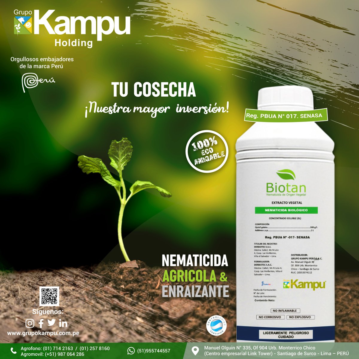 grupokampuperu's tweet image. ¡No esperes más, dale lo mejor a tus cultivos! 🌿🤲🇵🇪👨‍🌾100% Eco Amigable 
✅Biotan es un nematicida agrícola biológico que ataca los nemátodos.
✅Aporta micro y macronutrientes que fortalecen el crecimiento de los cultivos y un muy poderoso enraizante.
#Grupokampucontigo #Biotan