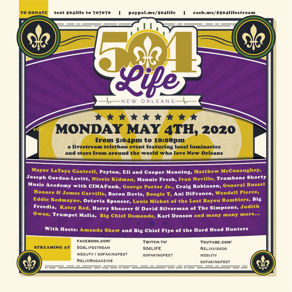 Tune in to our Facebook tonight at 5:04PM for <a href="/504LIFEstream/">504LIFEstream</a> 

The funds during the livestream will purchase critical PPE for New Orleans’ frontline healthcare workers in the fight against COVID-19.