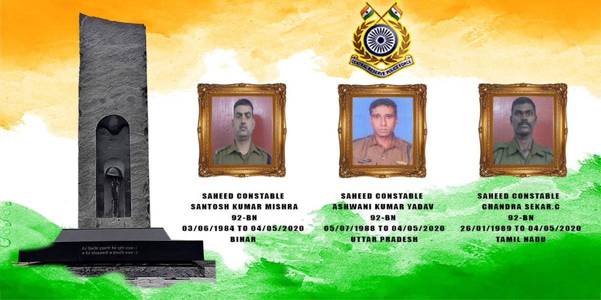 crpfindia's tweet photo. We salute the valor &amp; steadfast devotion to duty of Shaheed Ct Santosh Kumar Mishra, Shaheed Ct Ashwani Kumar Yadav, and Shaheed Ct Chandra Sekar. C of #92Bn #CRPF who attained martyrdom retaliating a terrorist attack in Handwara, J&amp;K. We stand with the families of our Martyrs. https://t.co/YpoL077dfd