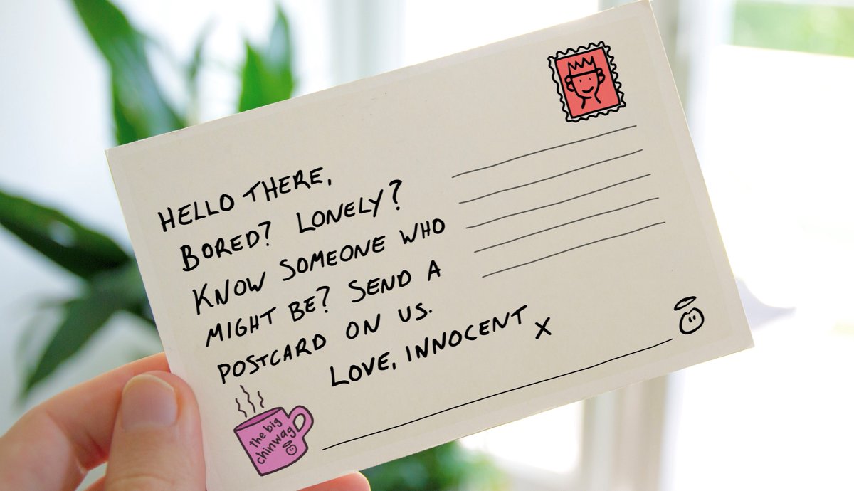 innocent's tweet photo. We’ve invented a new way to keep in touch. We call it “post”.

Click the link below and write a note to someone special or ask us to write a postcard to you. We’ll print and post them. It's free and you won’t have to lick a stamp or even leave the sofa.
https://t.co/vp6yq9H5D3 https://t.co/M87bF709HU