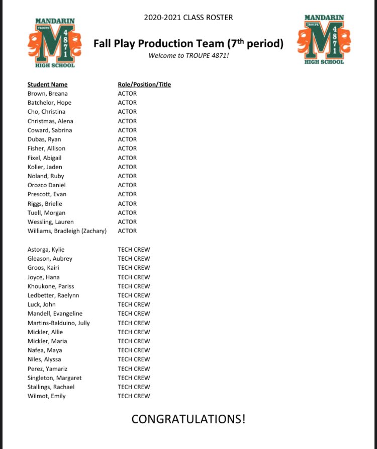 troupe4871's tweet photo. Class lists for next year’s Fall Play Production Team (7th) and Spring Musical Production Team (8th) classes. Congratulations! Thank you for signing up and auditioning. It’s going to be a great year! ✌🏼🥳🎭 https://t.co/1f80TvpZ4J