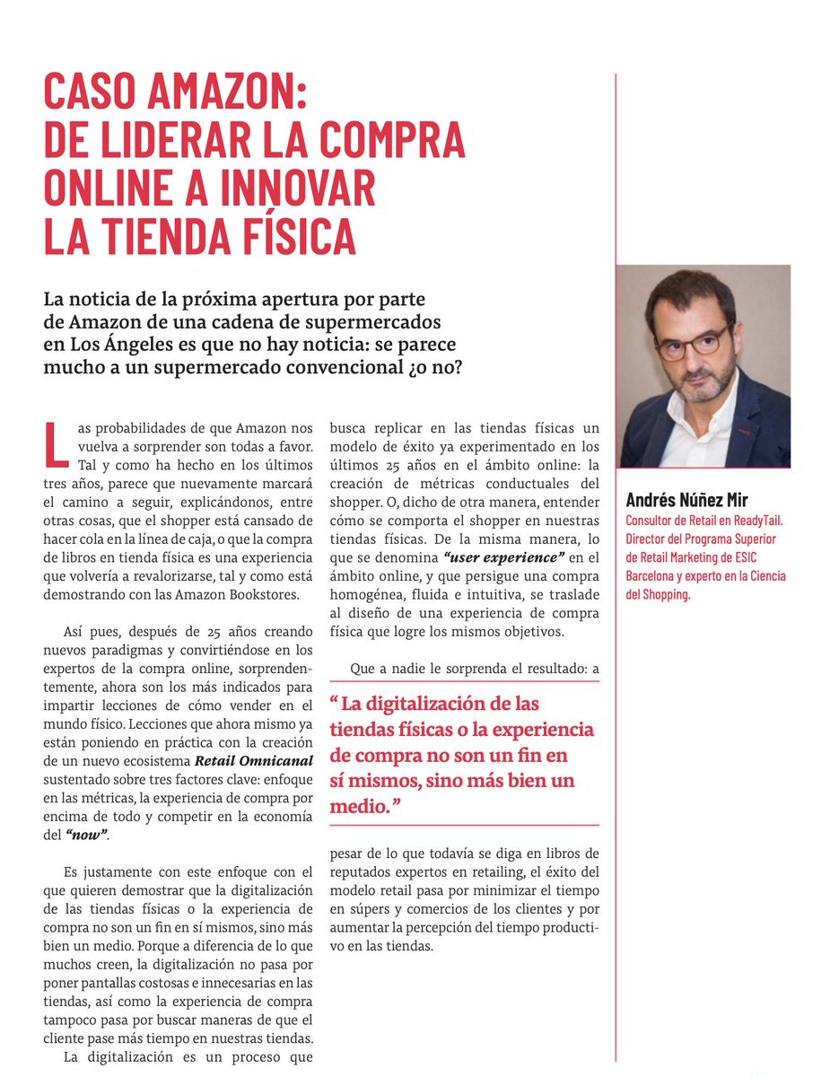 ESICBarcelona's tweet photo. La revista del prestigioso certamen @el_pda, #Notoria, publica un artículo de nuestro profesor Andrés Núñez sobre los objetivos de Amazon para trasladar la #UserExperience a la compra física. 🛒

Para ver la revista completa, haz click en el enlace
👉 https://t.co/xJHgzV8bOK https://t.co/LI5eZeDnRx