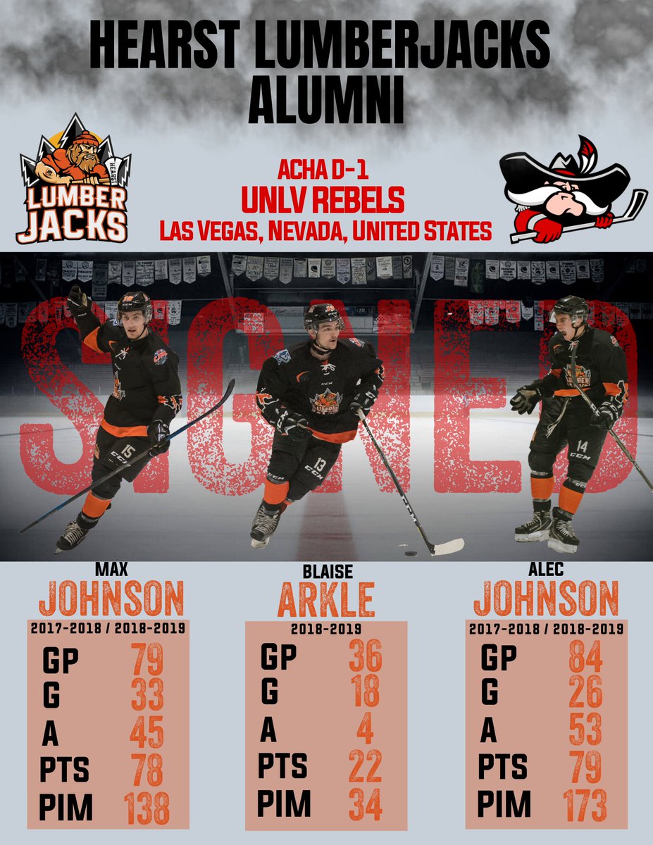 lumberjacks2017's tweet photo. Another great success story !!! 3 Hearst Lumberjacks alumni commits to the UNLV Rebels. Alec Johnson, Blaise Arkle and Max Johnson will be joining fellow Lumberjacks Daniel Fisher. Good Luck and congratulations boys @lumberjacks2017 @NOJHL @UNLVRebelHockey https://t.co/p3Rq005KBN