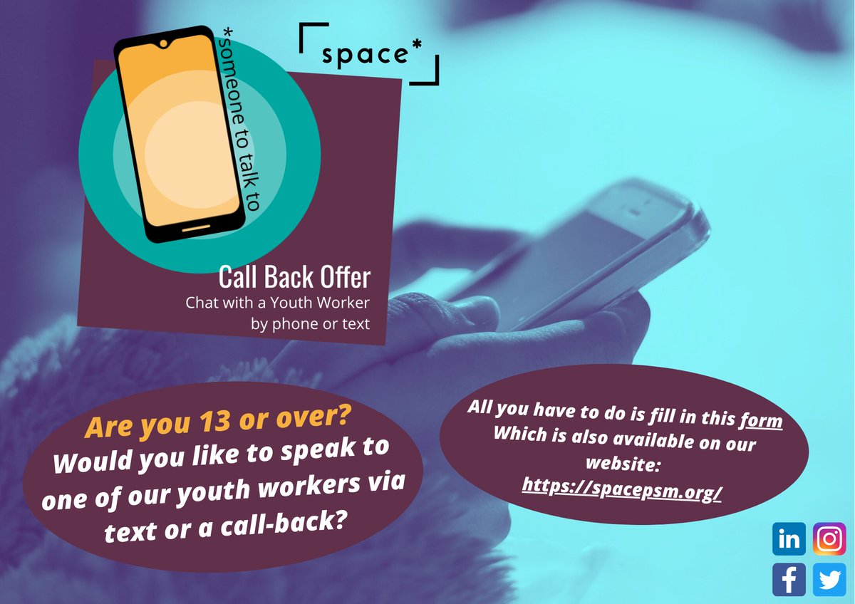 spacepsm's tweet photo. We now have a 'Request a call-back' service available for young people, if they need to discuss anything, are struggling and want support, or just need someone to talk to. 📱🗨️  #youngpeople #youthwork https://t.co/uT6jzFAgQv
