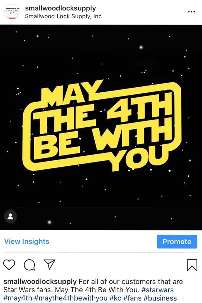 SmallwoodLock's tweet photo. May The 4th Be With You! #StarWarsDay #MayThe4thBeWithYou #kc #business #starwars https://t.co/NdouSepHZf