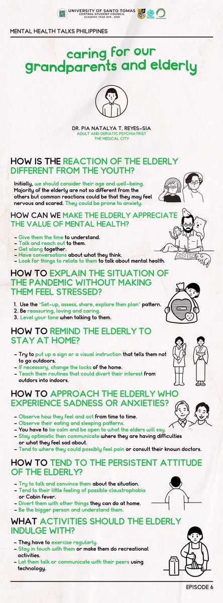 ust_csc's tweet image. All of us are vulnerable to this pandemic. However, our elderly face greater challenges physically, mentally, and emotionally.

In the sixth episode of #MHTalks, Dr. Pia Reyes-Sia discusses &quot;Caring for our grandparents and elderly.&quot;