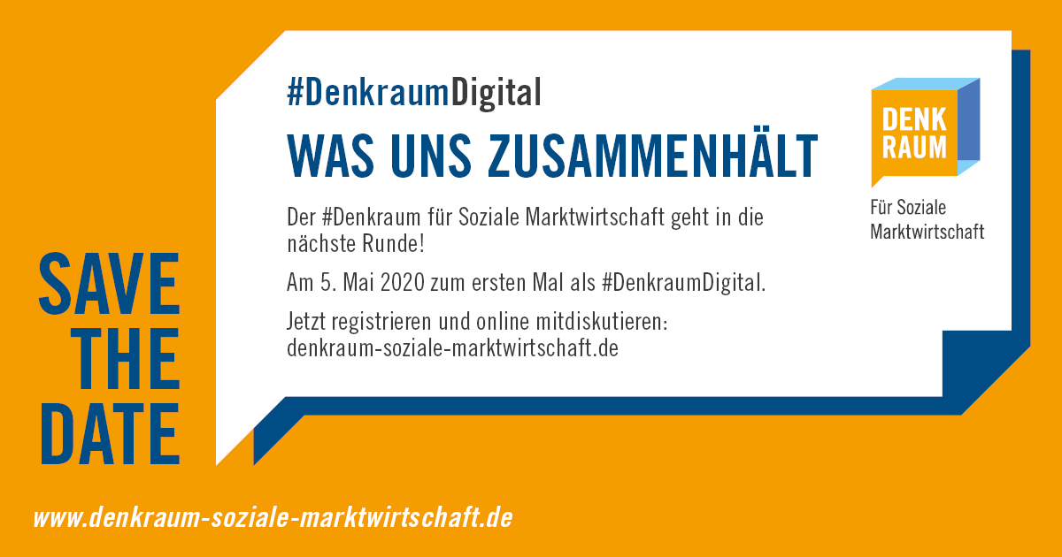 Als weiteren Teilnehmer des #DenkraumDigital dürfen wir <a href="/JoachimStamp/">Joachim Stamp</a> begrüßen. Welche Chancen und Probleme sieht er beim Thema Zusammenhalt? Wie wird seine politische Arbeit davon beeinflusst? 
Seid am 5. Mai live dabei und findet es heraus!  denkraum-soziale-marktwirtschaft.de