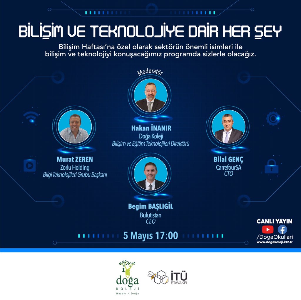 Bilişim Haftası kapsamında sektörün önde gelen isimlerini ağırlayacağımız, bilişim ve teknolojiye dair önemli bilgilerin paylaşılacağı canlı yayın programımız yarın saat 17.00'de! YouTube, Facebook hesaplarımızdan ve web sitemizden izleyebilirsiniz. #DogaTech #BilişimHaftası