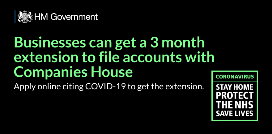 CompaniesHouse's tweet photo. If your company is struggling to file accounts on time because of the impact of the #coronavirus outbreak, you can apply for an automatic 3 month filing extension.

You must apply before your filing deadline.

Find out more » https://t.co/9tBWmjlXiM https://t.co/1pN2RSb4av