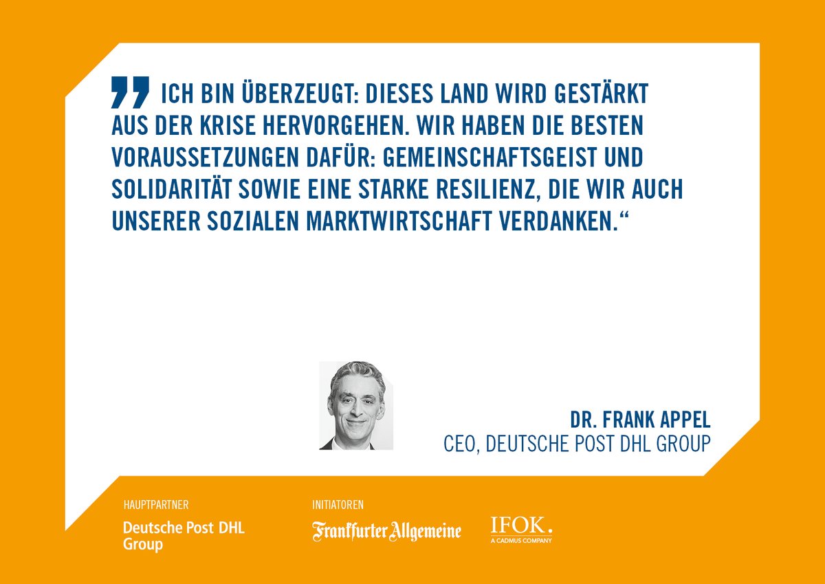 Für Dr. Frank Appel, CEO <a href="/DeutschePostDHL/">Deutsche Post und DHL News</a>, trägt unser Zusammenhalt u.a. dazu bei, dass Deutschland gestärkt aus der Krise hervor gehen kann. Welche Auswirkungen hat das auf die Wirtschaft? Erfahrt mehr beim #DenkraumDigital ab 18.30 Uhr!
denkraum-soziale-marktwirtschaft.de