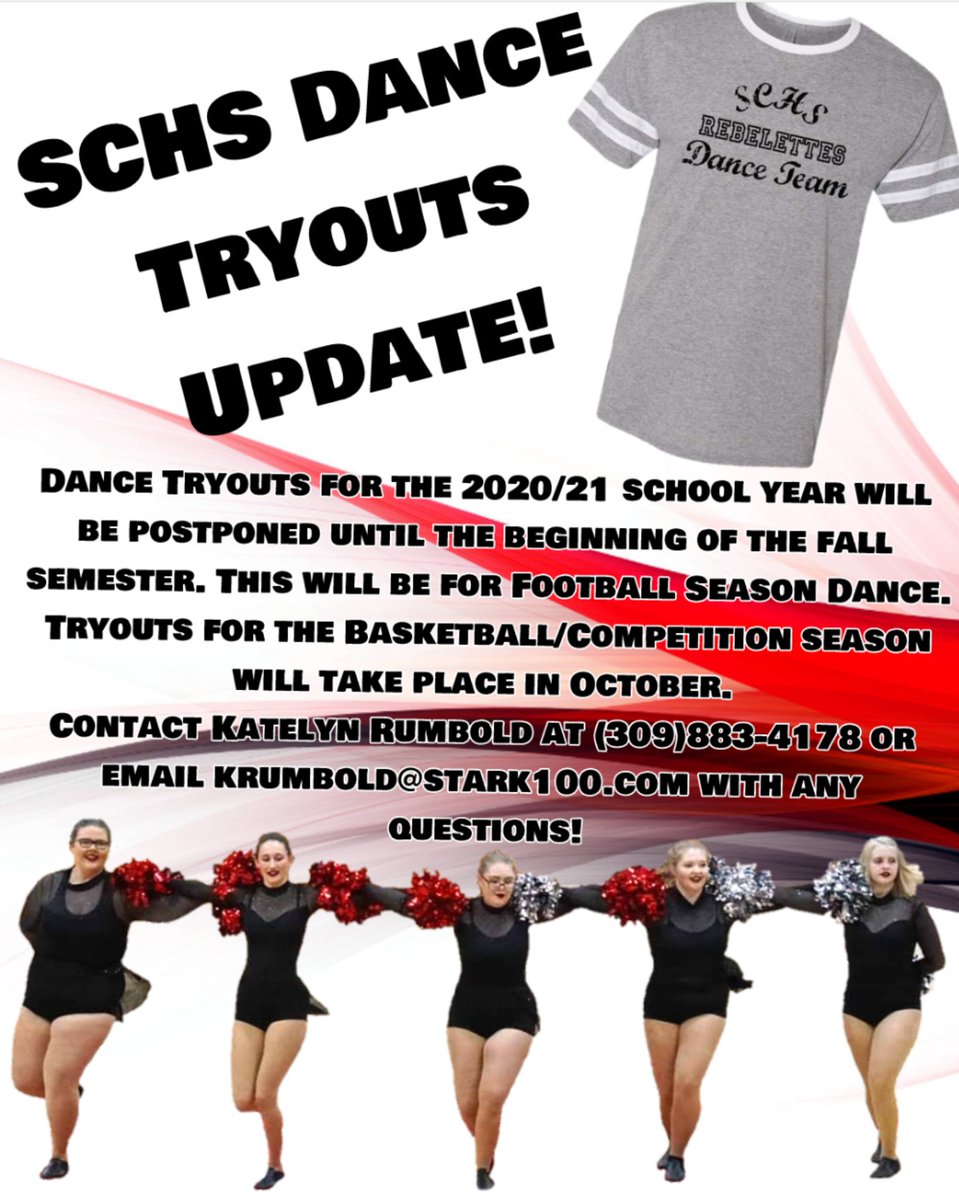 StarkCoDance's tweet photo. Tryouts are postponed until school resumes in the fall. If u have any questions please contact me.
Call or text (309)883-4178 or email krumbold@stark100.com
This is for ANY student that will be in 9th-12th grade in the fall, that is interested in Dance Team.
Please share!
#RollSC https://t.co/u6tWoipu0d