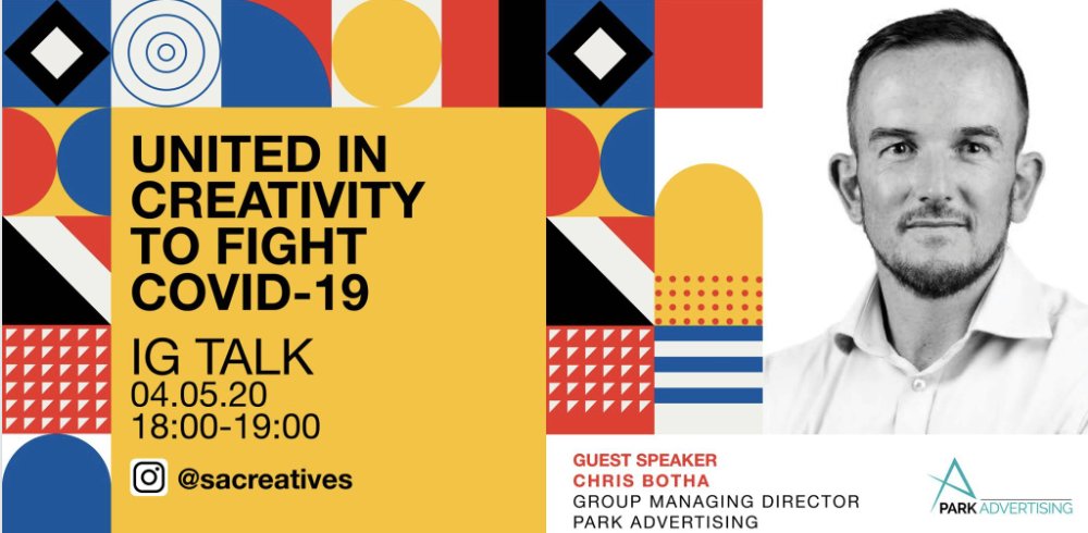 artwelln's tweet photo. Joining SA Creatives at 6pm on IG [@]sacreatives today is Chris Botha, Group MD of Park Advertising and The MediaShop. We will be talking about the future of the SA Media industry post lockdown. Don’t miss out #UnitedInCreativity. https://t.co/sGSMXBk02B