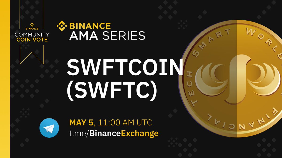binance's tweet photo. Join us tomorrow (May 5th) at 11AM UTC to take part in an exclusive AMA in the #Binance English Telegram group with the @SwftCoin team!
There will be $2,000 worth of $SWFTC tokens to give away!
Get involved here! ➡️ https://t.co/RVhQjH9dKX https://t.co/NQ4mRIZnNm