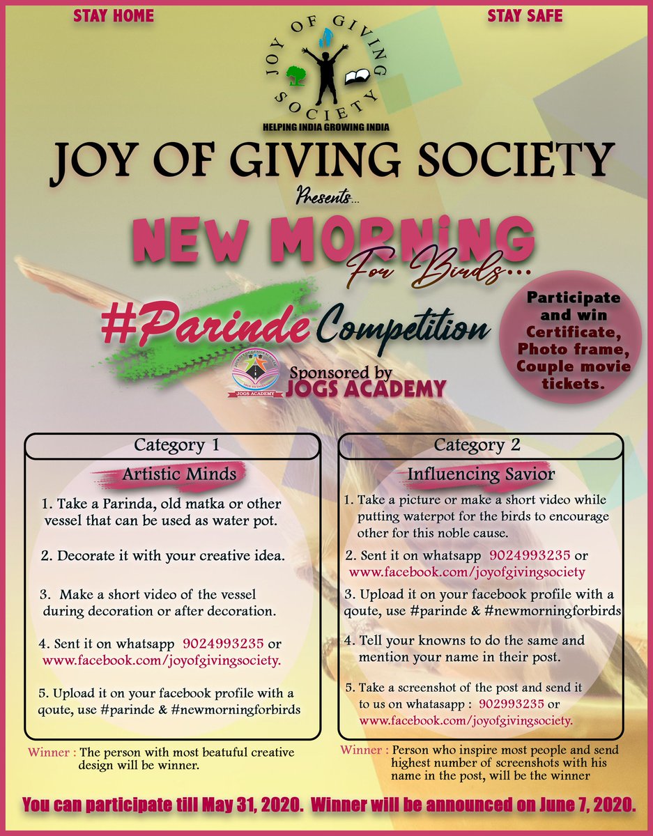 joyofgiving17's tweet photo. "New morning for birds" is a campaign to provide water for the thirsty birds and little creatures. Due to Corona outbreak, this year we are unable to do the same right now. So this year we are organising a #parinde contest, in which you can participate from home. https://t.co/Gdb0VaEb5q