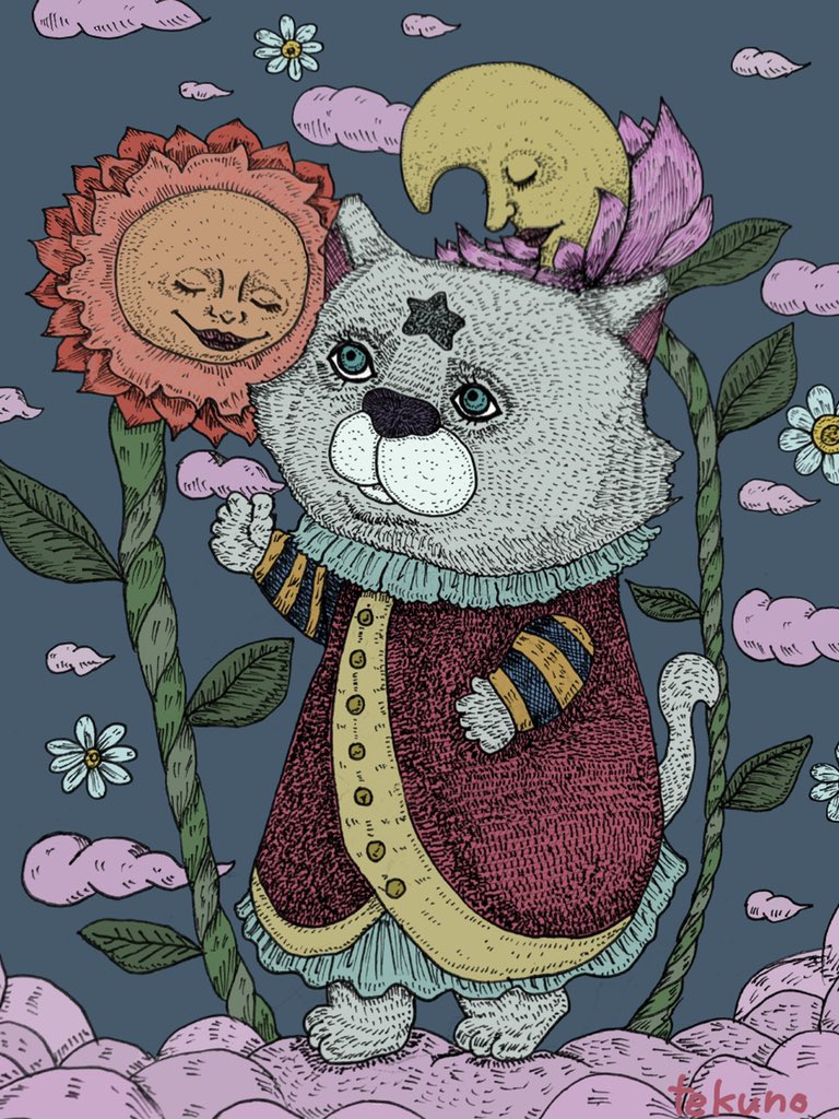 太陽と月の花を綺麗に咲かせよう 綺麗に咲いて みんなを明るく照らしてね 寿てくののイラスト