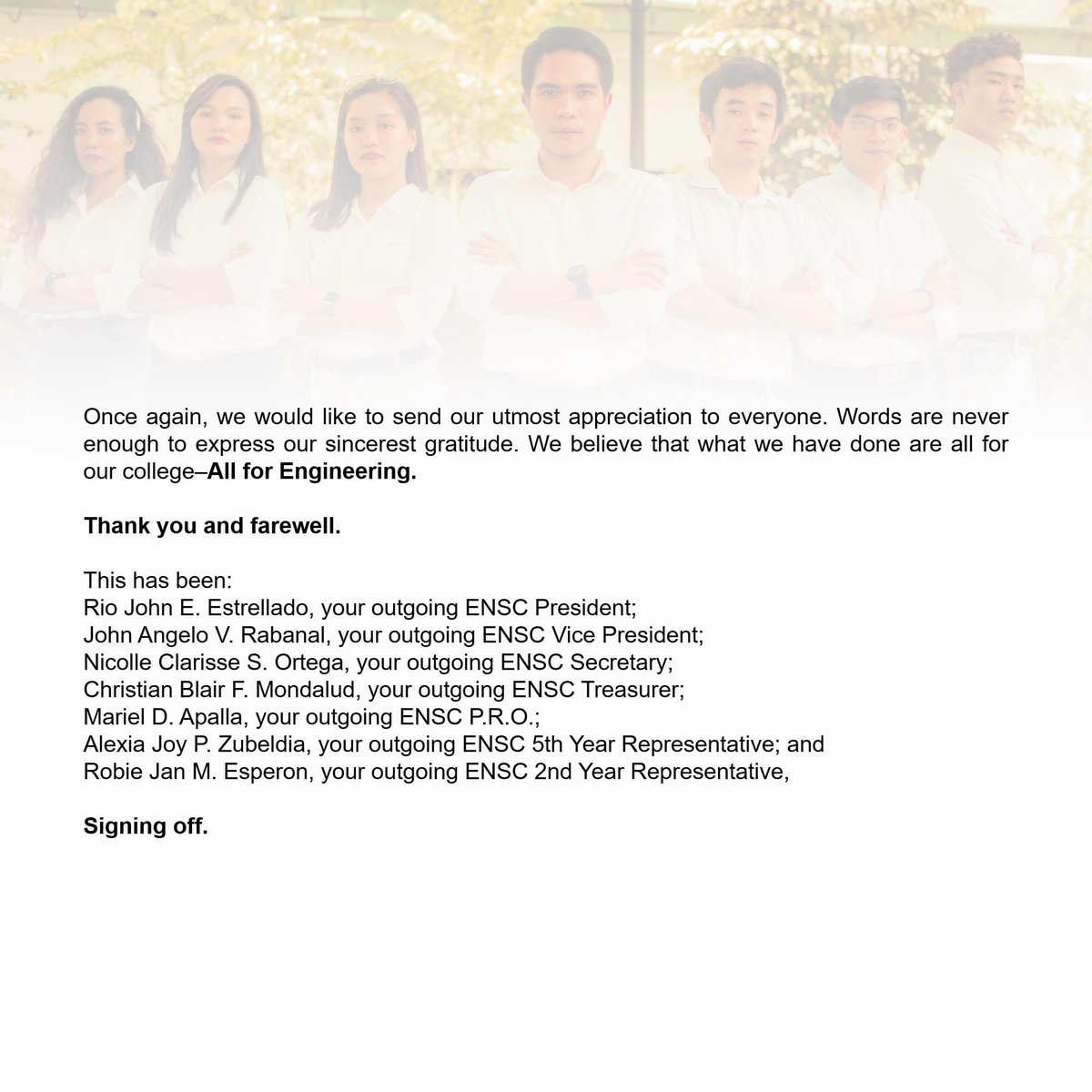 UEMLAENSC's tweet photo. [READ] FAREWELL MESSAGE OF ENSC 2019-2020

As we, The Engineering Student Council A.Y. 2019–2020, bid good bye to this tenure, we would like to extend our message to the whole College of Engineering. 

Thank you and farewell, engineering warriors. 💛🧡❤️

#AllForEngineering https://t.co/N4EnzejWWp