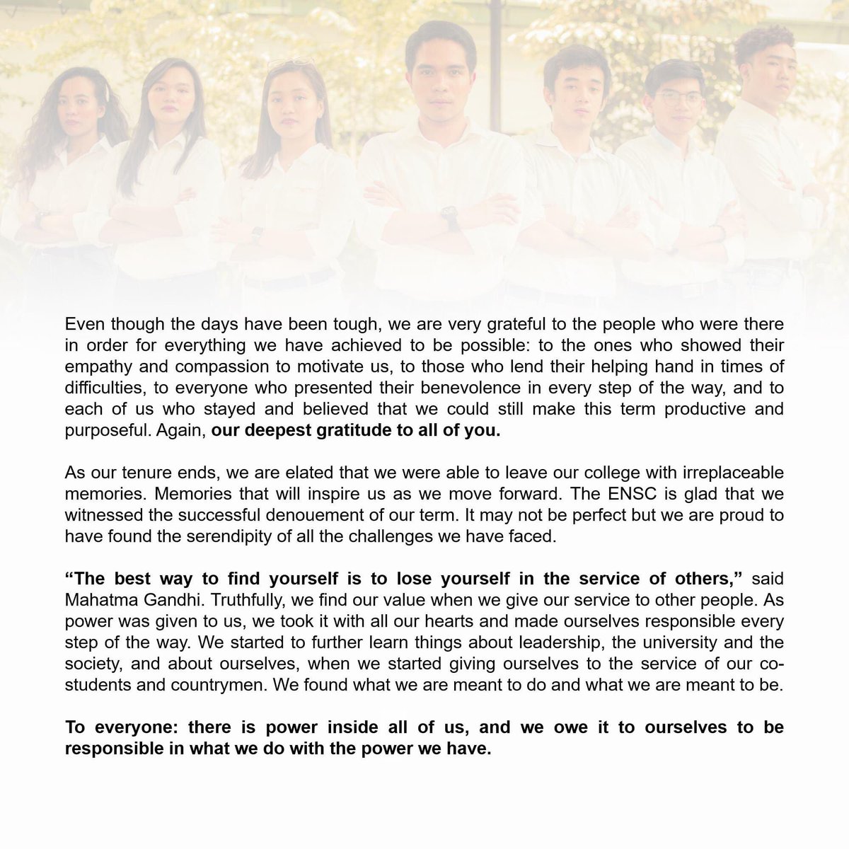 UEMLAENSC's tweet photo. [READ] FAREWELL MESSAGE OF ENSC 2019-2020

As we, The Engineering Student Council A.Y. 2019–2020, bid good bye to this tenure, we would like to extend our message to the whole College of Engineering. 

Thank you and farewell, engineering warriors. 💛🧡❤️

#AllForEngineering https://t.co/N4EnzejWWp