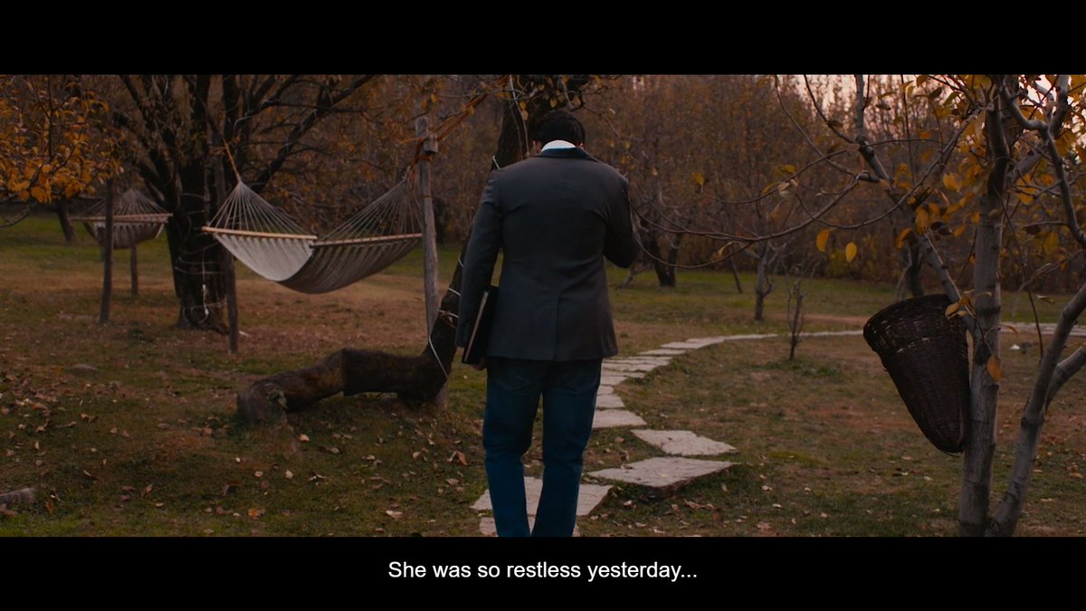 Dan going to the Himalayan resort as ordered by Vidya (Shiuli's mom). As beautifully narrated in the script of October, "For Dan, his obedience to Vidya in a way is his absolute surrender to Shiuli." And these intercut of melancholy and distress of both of them missing each other